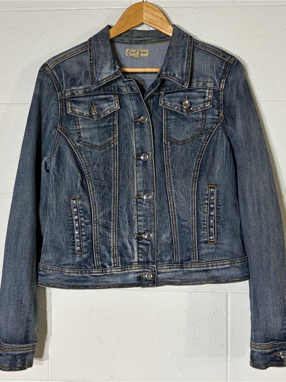 Earl Jean Women's Blue Denim Jacket M Button Rhinestone Collared Stretch